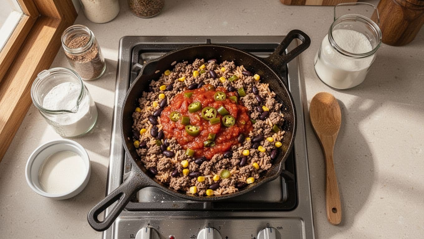 Skillet filled with beef, rice, beans, corn, salsa, and green chiles beside a wooden spoon.
