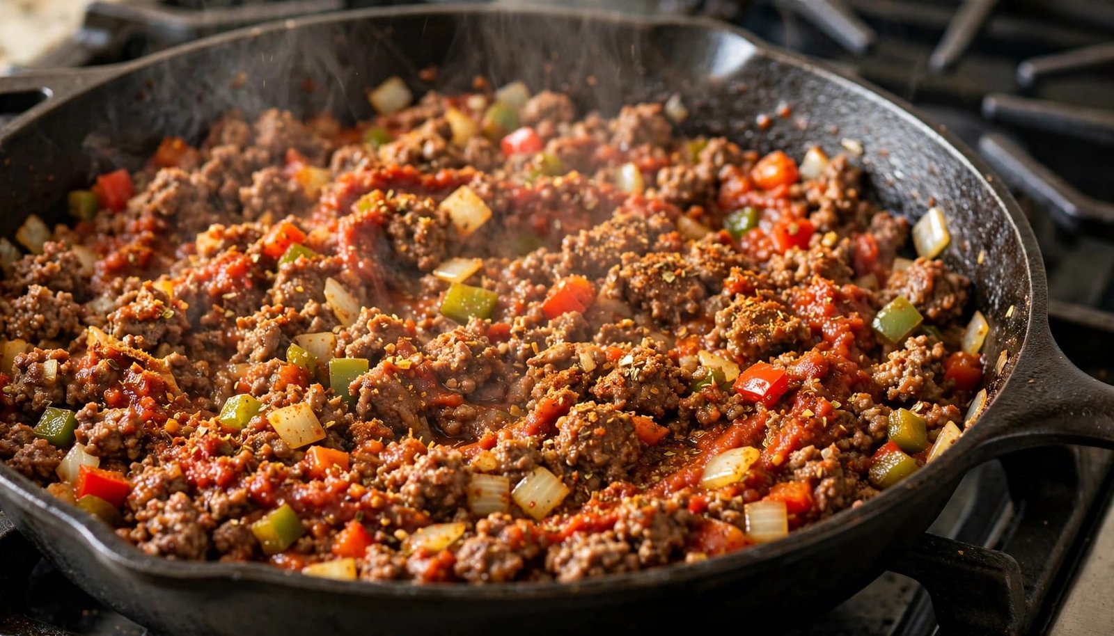 Browned ground beef with vegetables and spices cooking in a cast-iron skillet.