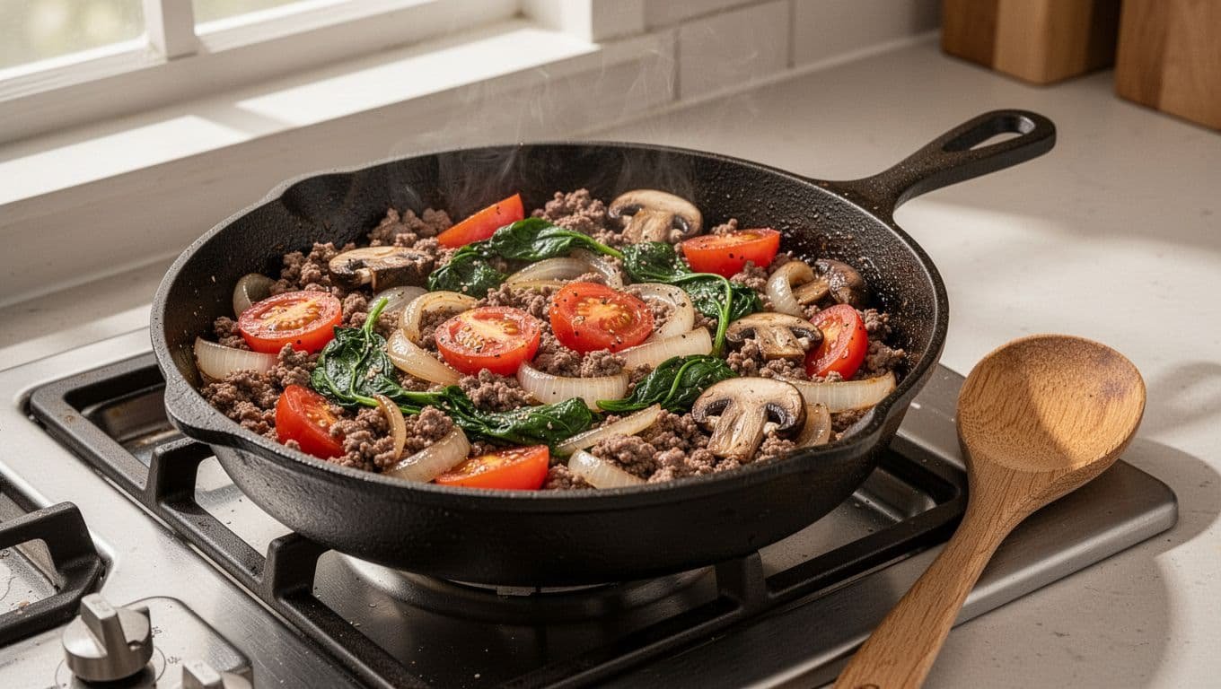 Seasoned ground beef and vegetables cook in a skillet beside a wooden spoon.