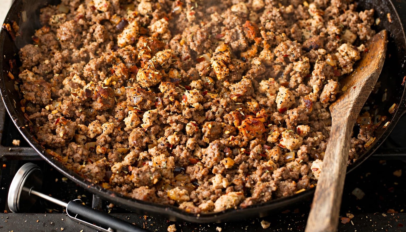 Browned turkey and beef crumbles cook in a skillet beside a wooden spatula.