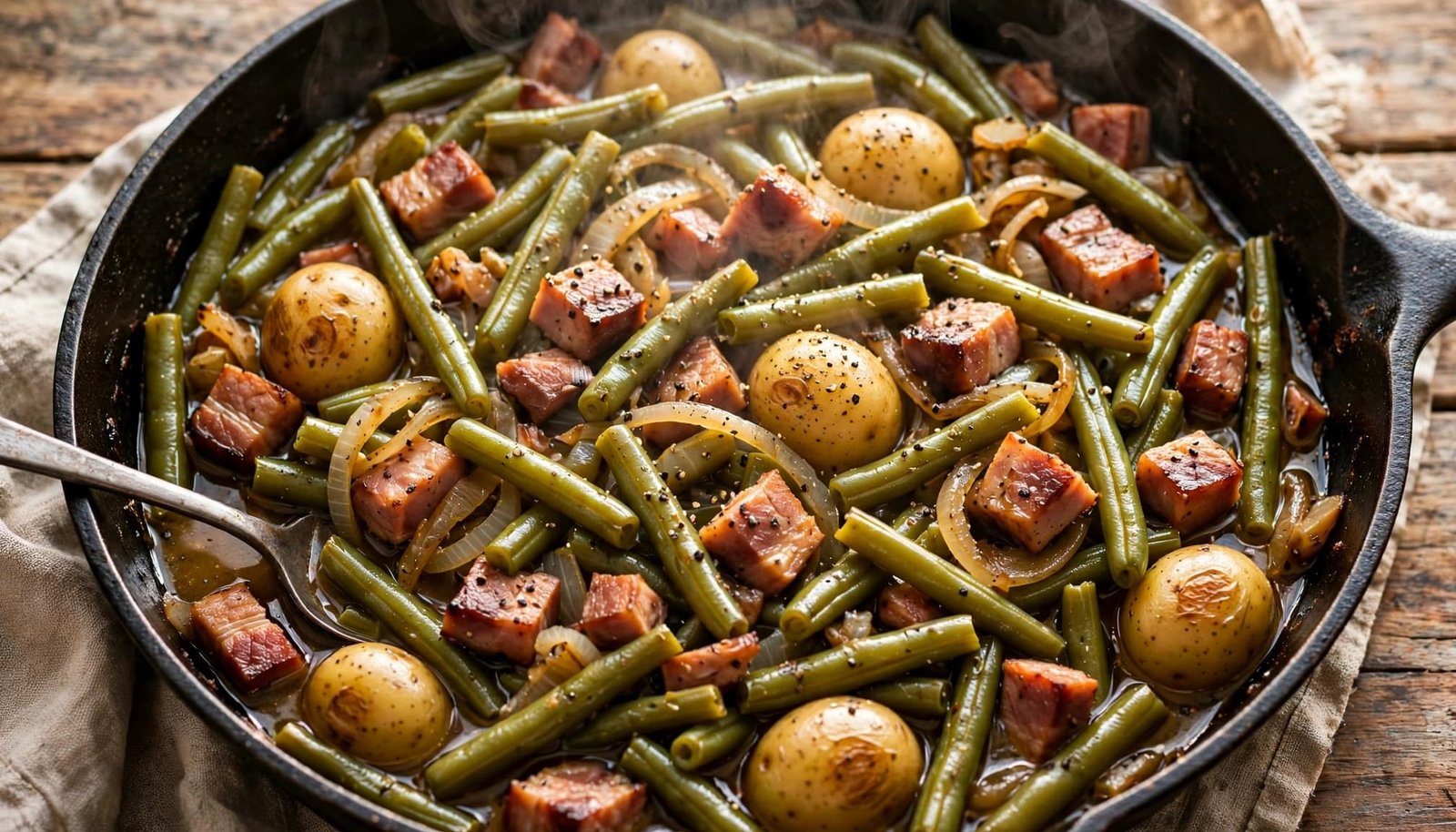 A skillet of green beans, ham, potatoes, and onions in steaming broth.
