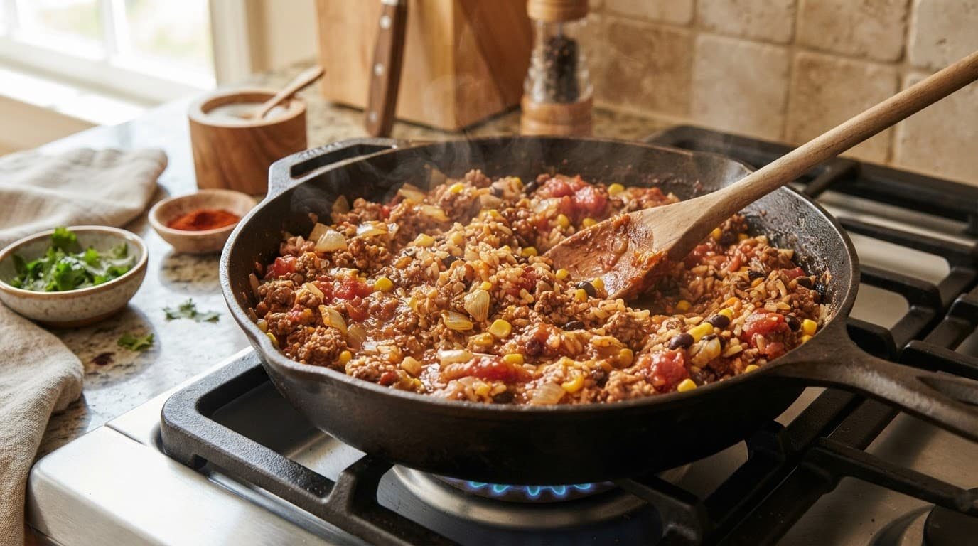Ground beef, rice, beans, corn, and salsa stirred together in one skillet.