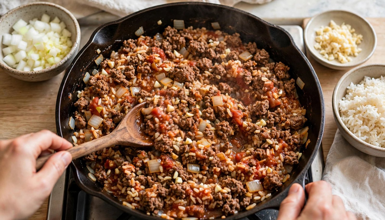 Cooked beef, rice, and tomato sauce combine in a skillet for stuffed peppers.