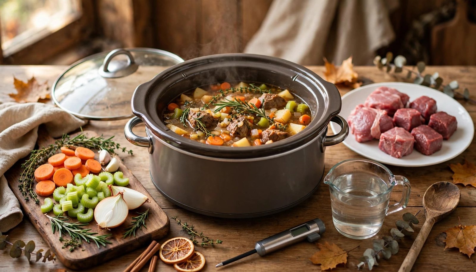 Slow cooker stew surrounded by vegetables, meat, a measuring cup, thermometer, and wooden spoon.