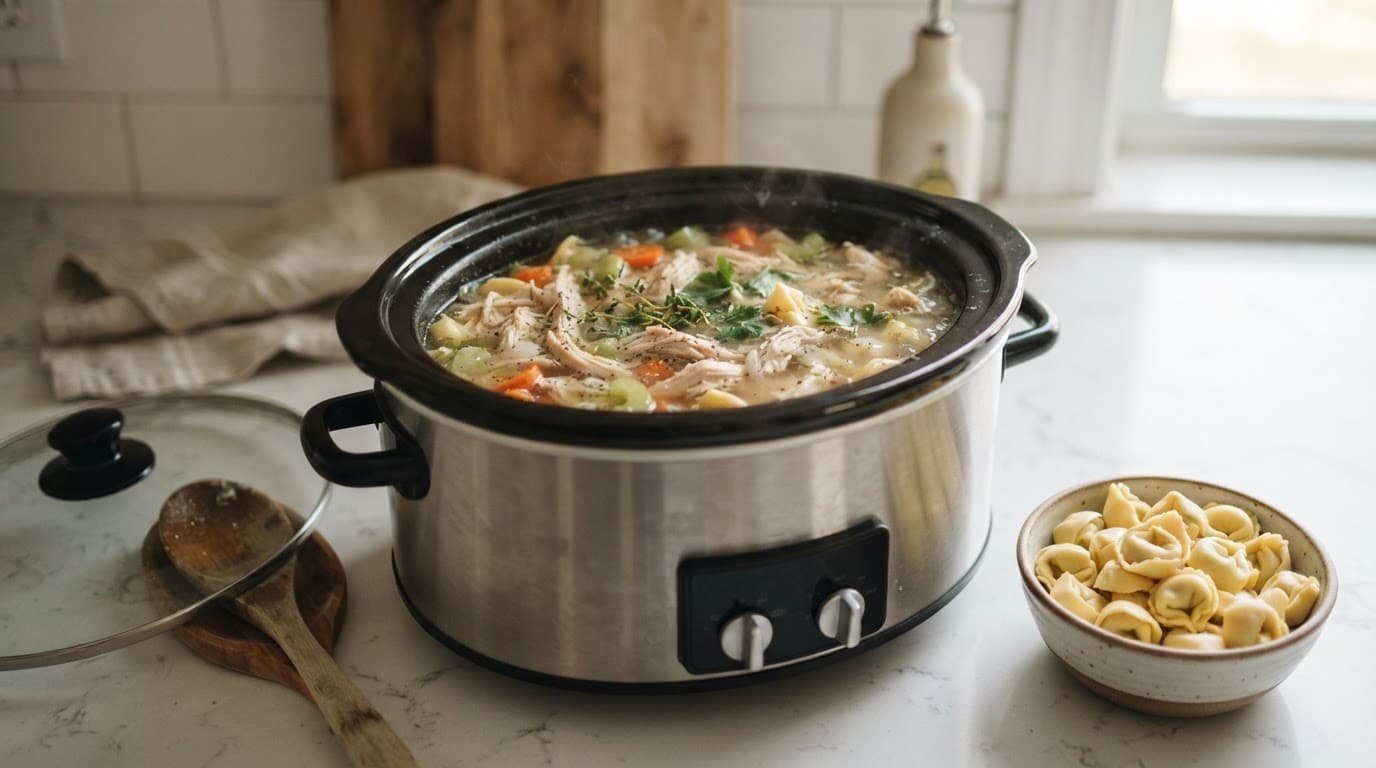 Slow cooker of chicken broth with vegetables beside a bowl of cheese tortellini.