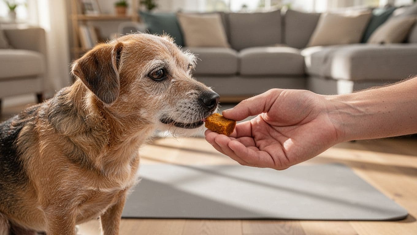 Older small dog taking a tiny soft treat from an open hand on a training mat.