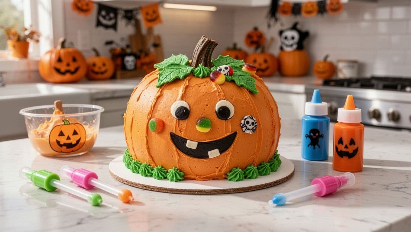 A smiling pumpkin cake with green frosting leaves and decorating supplies nearby.