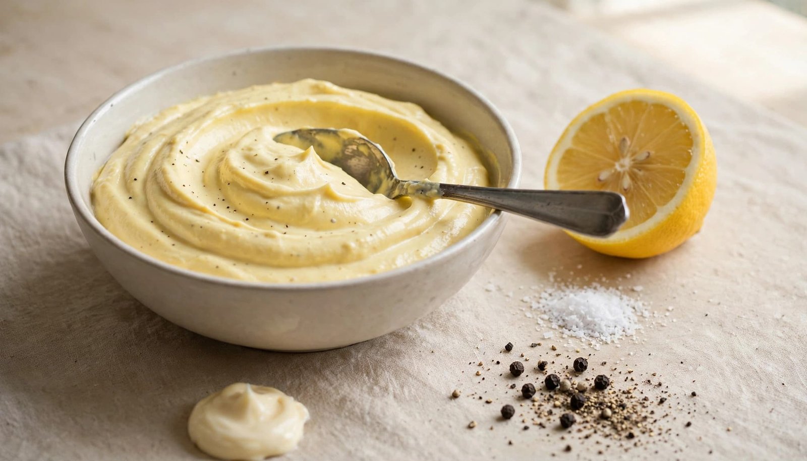 Smooth deviled egg filling with lemon, salt, pepper, and a spoon.