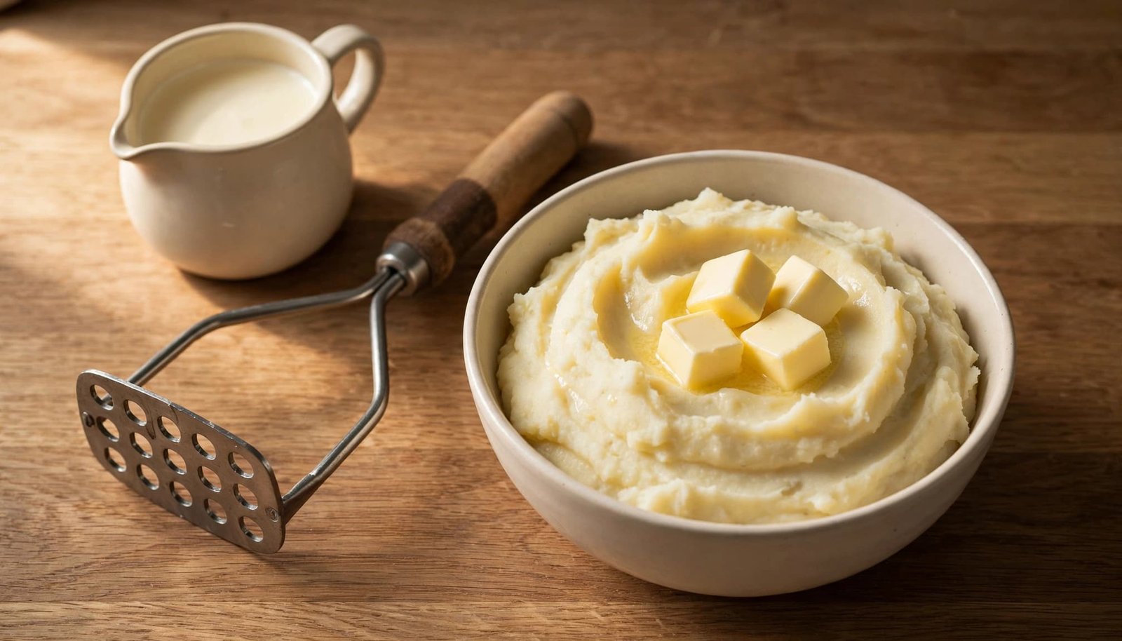 Smooth mashed potatoes beside a hand masher, butter cubes, and warm cream.
