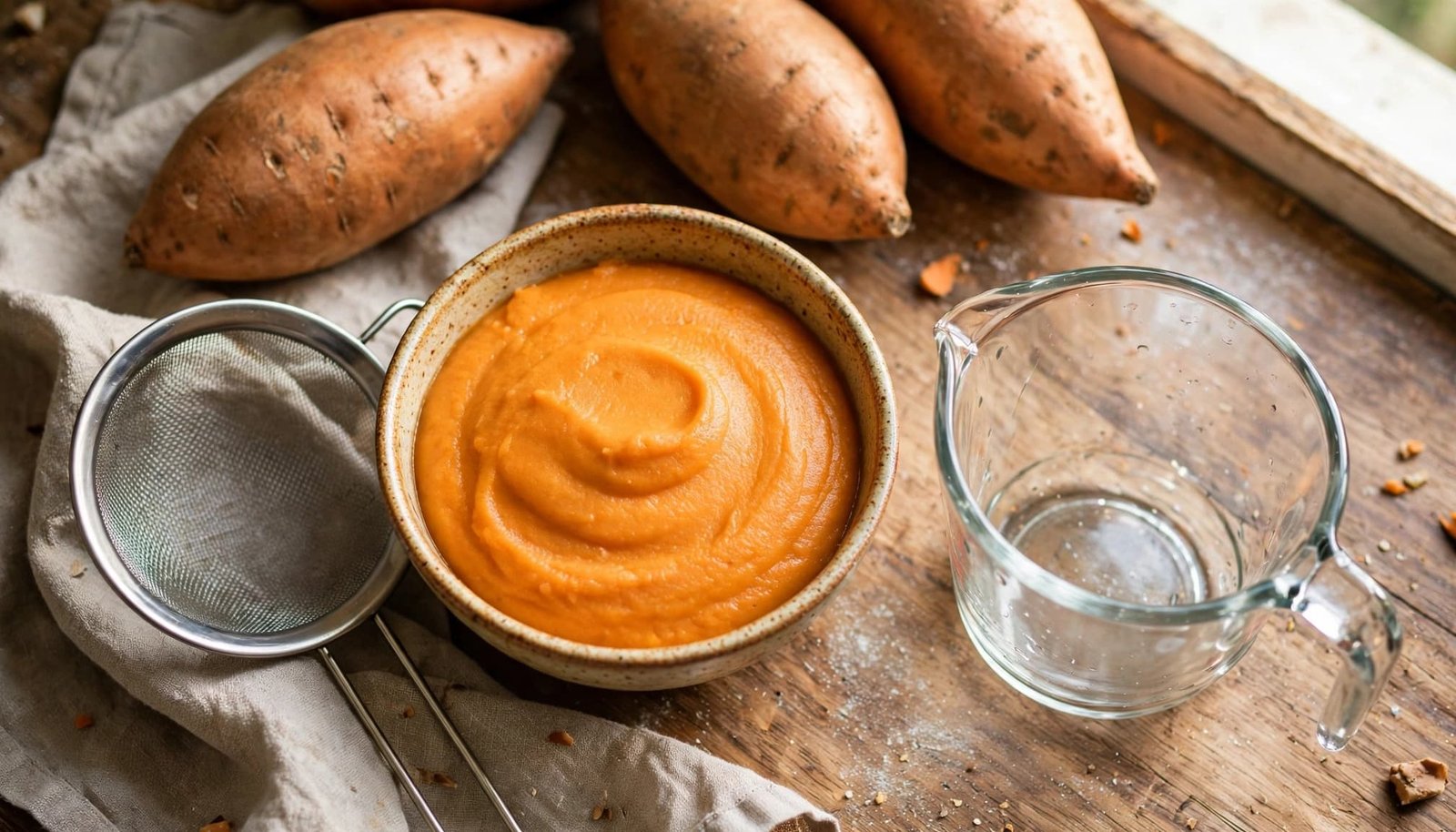 Bowl of smooth sweet potato puree with a measuring cup and strainer on a kitchen counter.