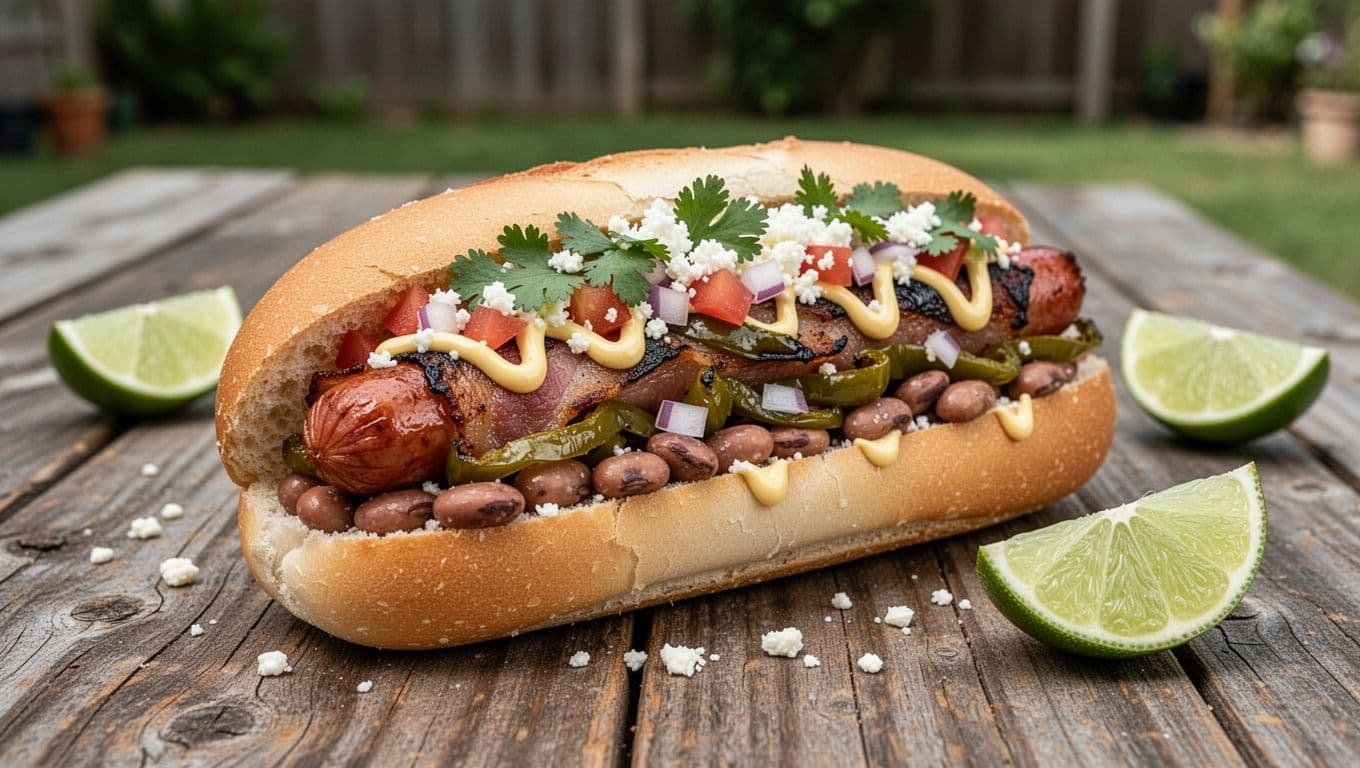 A loaded Sonoran hot dog on a wooden table with lime wedges.