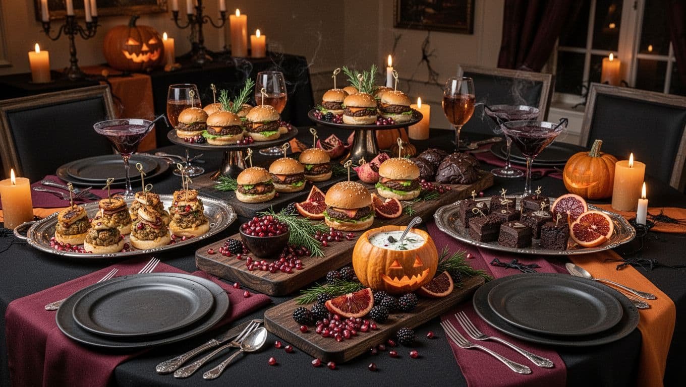 Halloween buffet with sliders, desserts, cocktails, fruit, and herbs on dark serving boards.