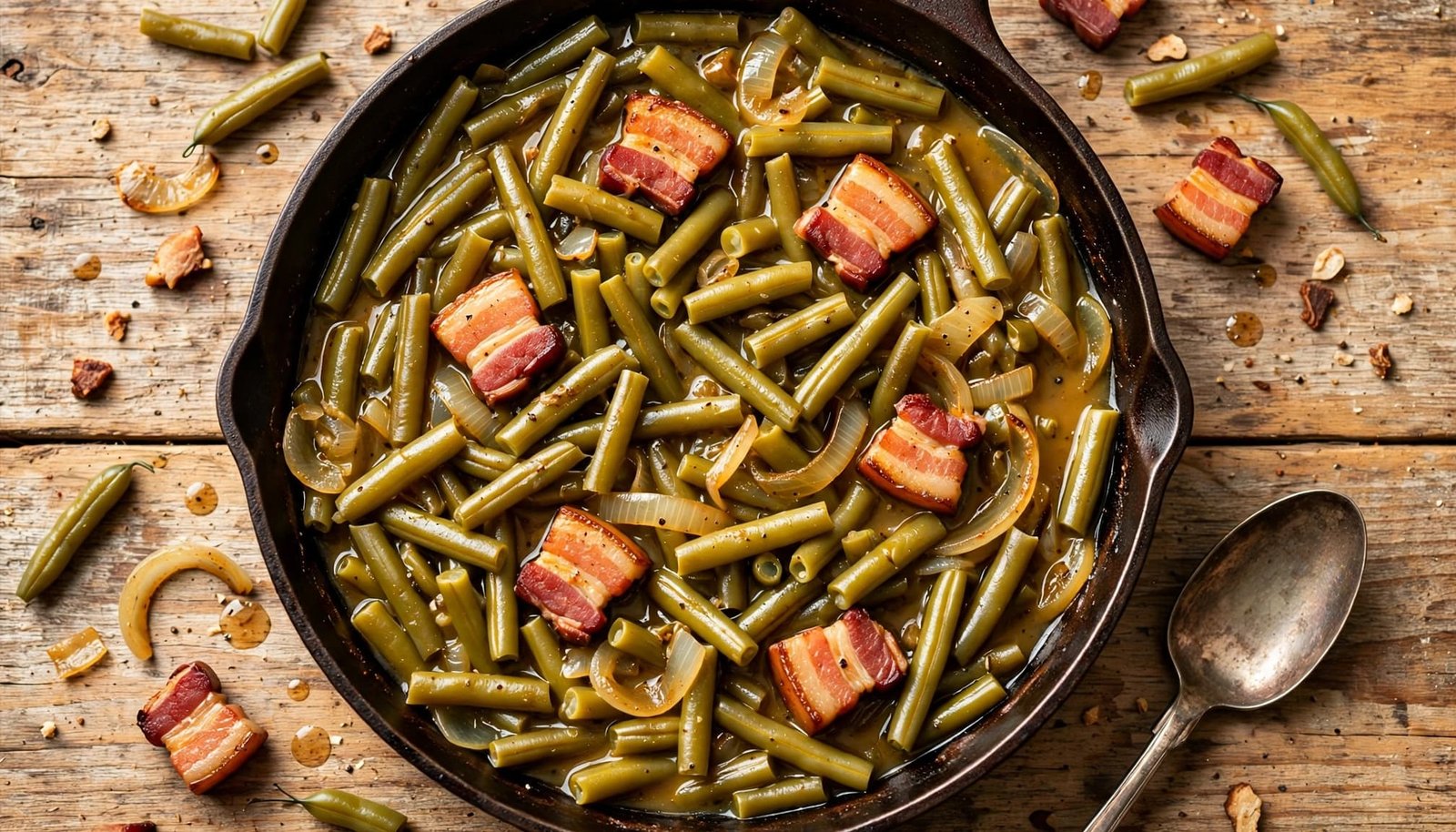 Skillet of green beans with bacon and onions beside a serving spoon.