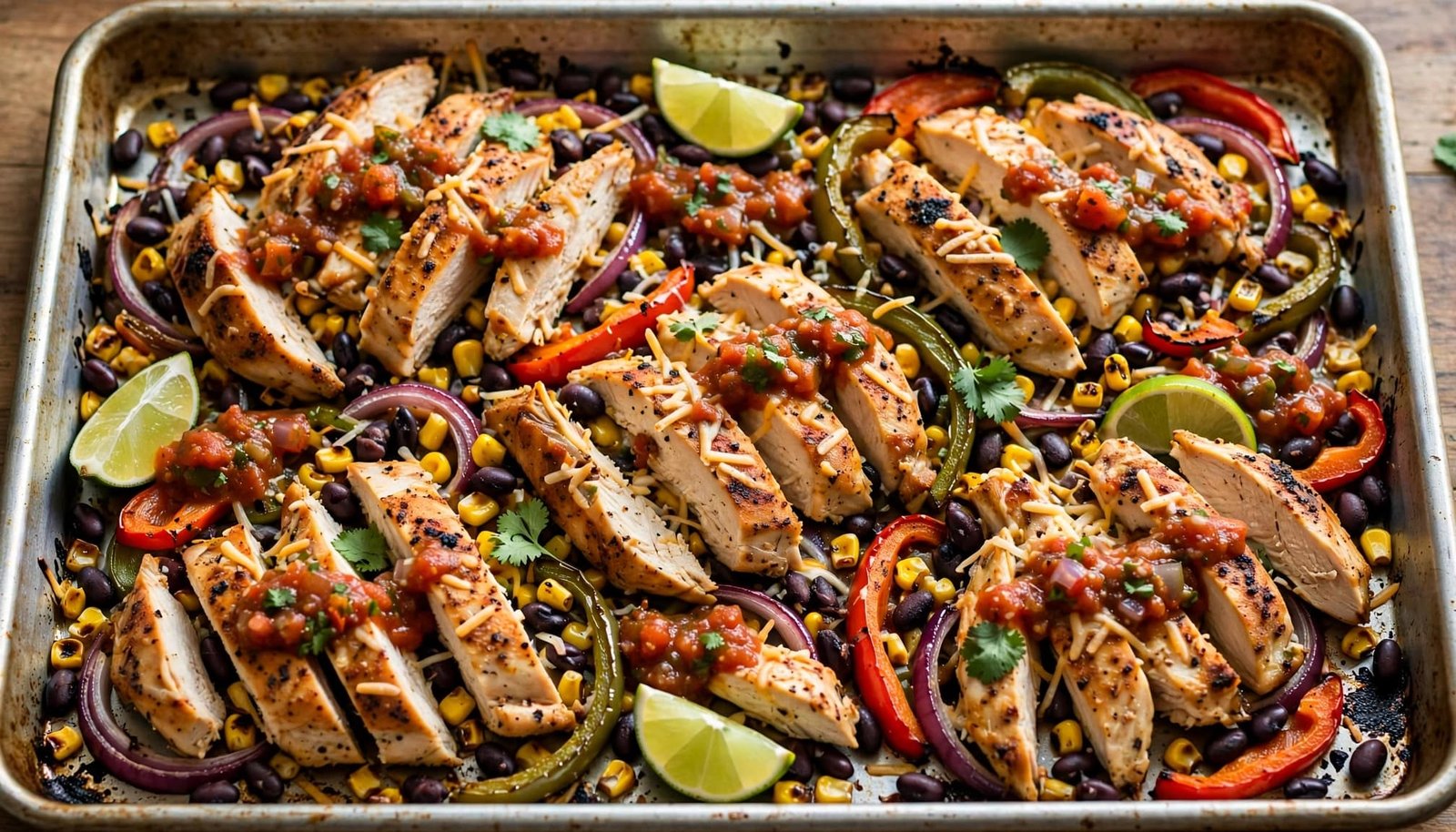 A sheet pan of roasted chicken, vegetables, black beans, salsa, lime, and cheese.