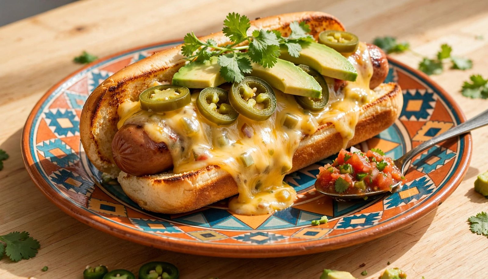 A southwest hot dog with cheese, jalapeño, avocado, cilantro, and salsa on a colorful plate.