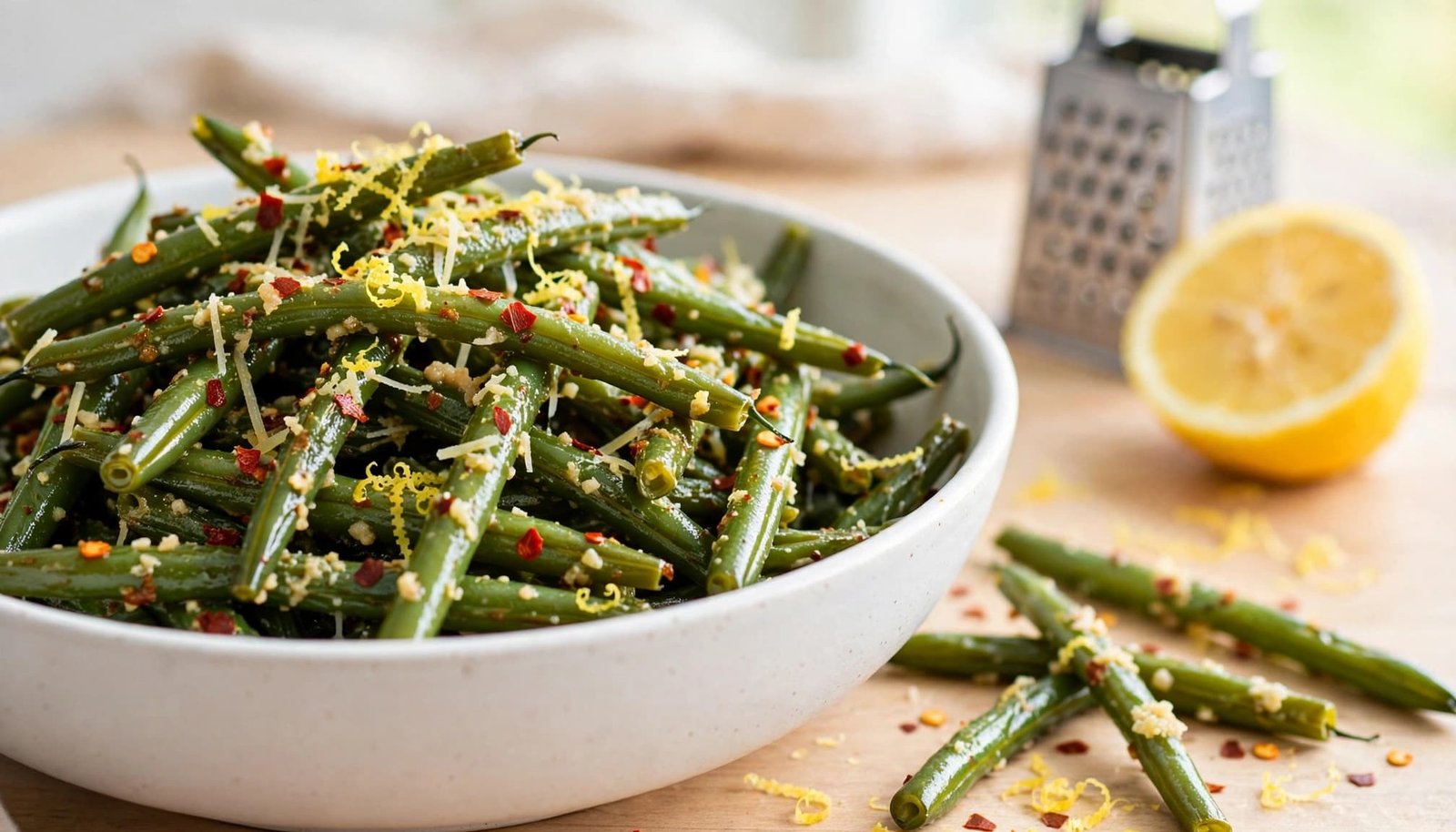 Spicy Parmesan green beans in a white bowl with lemon and a cheese grater behind them.