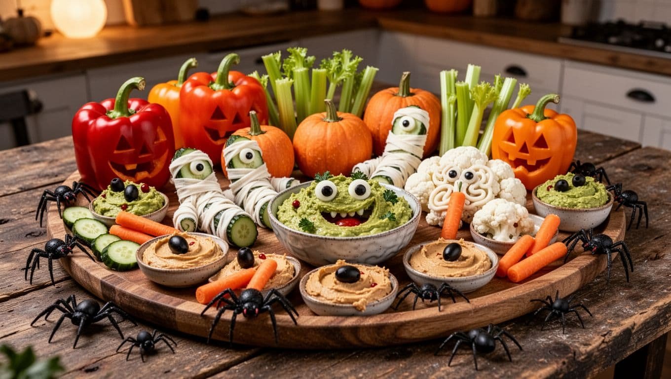 Spooky vegetables and dips arranged on a rustic serving board.