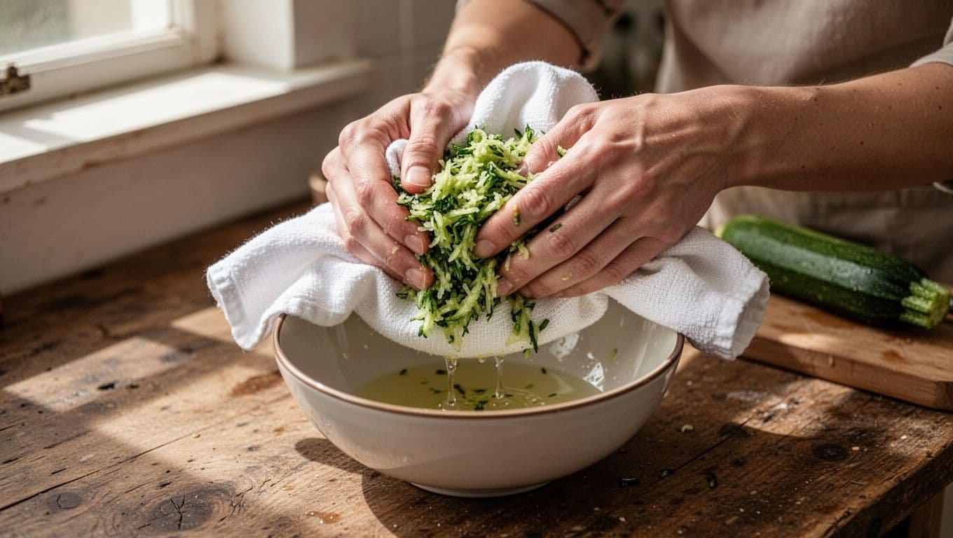 Hands squeeze grated zucchini in a white towel over a bowl.