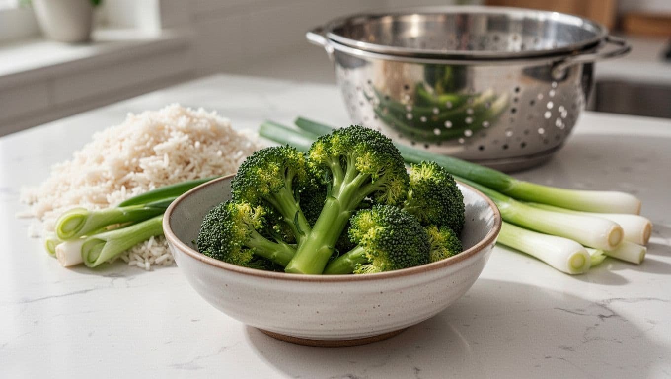 Steamed broccoli in a ceramic bowl with rice and green onions on a kitchen counter.