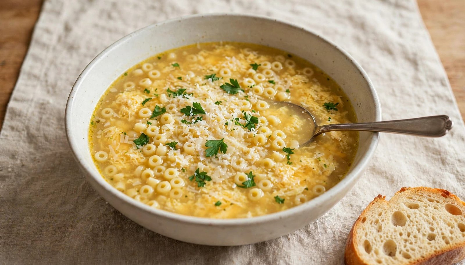 A bowl of golden stracciatella soup with egg ribbons, pasta, parsley, and bread.