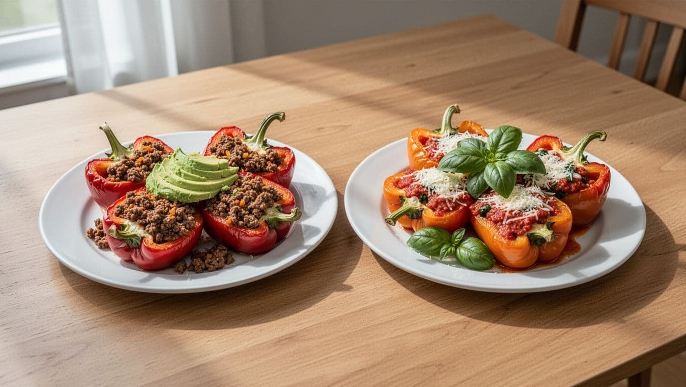 Two plates of stuffed peppers with Tex-Mex and Italian-style fillings, avocado, and basil.