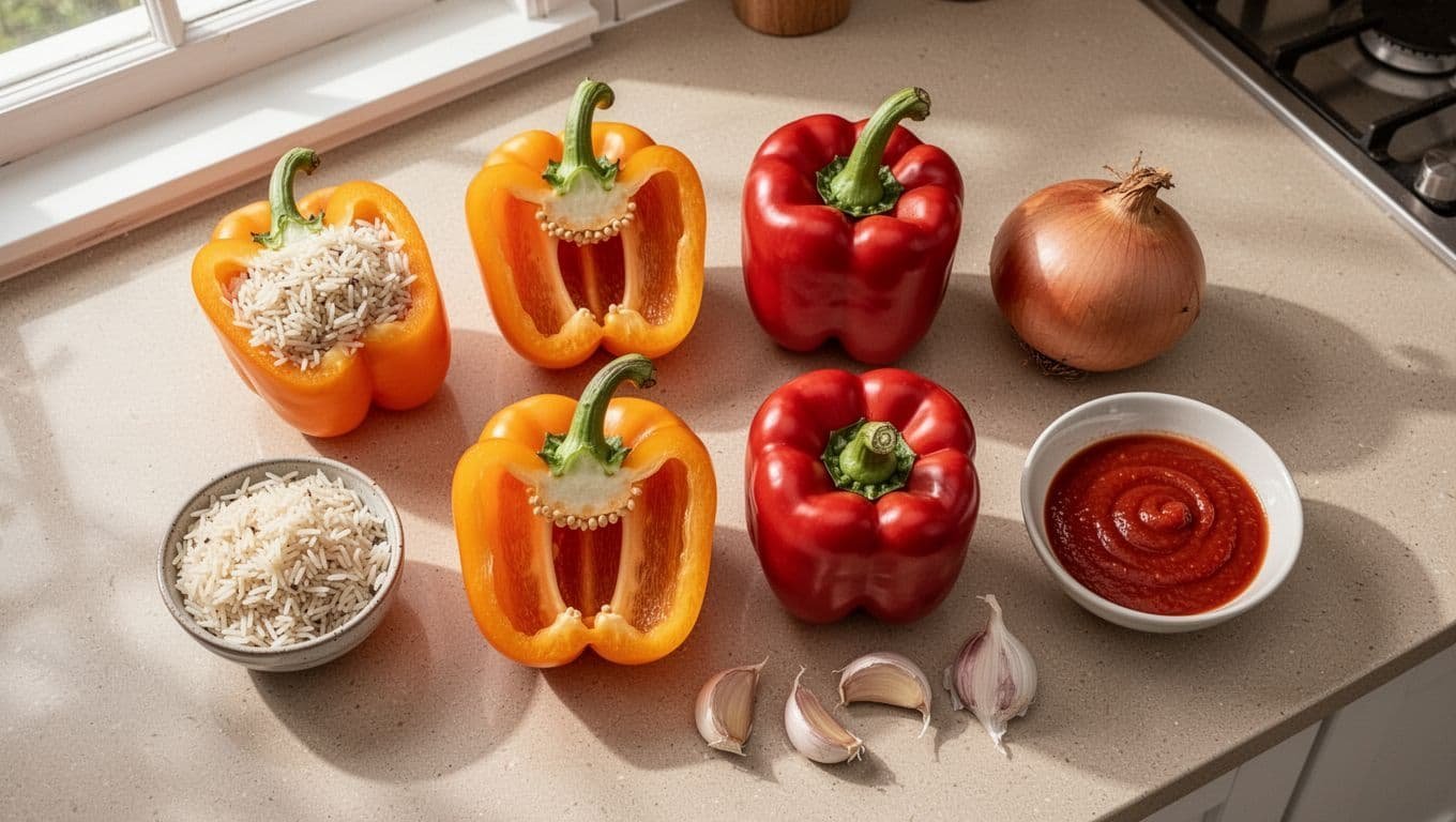 Stuffed Bell Peppers With Ground Beef and Spaghetti Sauce