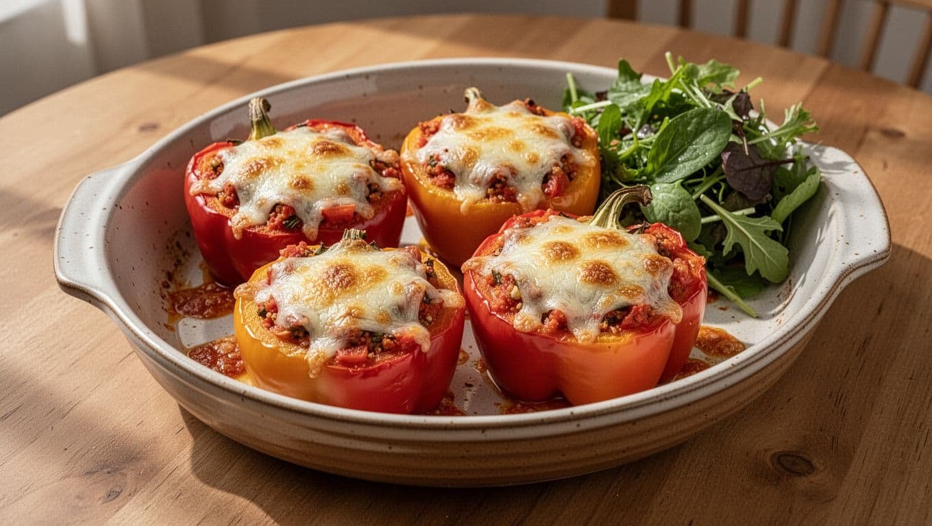 Four cheesy stuffed pepper halves with tomato filling and a small green salad.