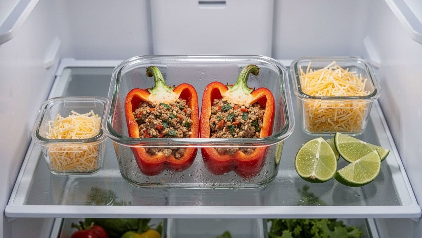 Two stuffed pepper halves in a glass container with cheese and lime wedges nearby.