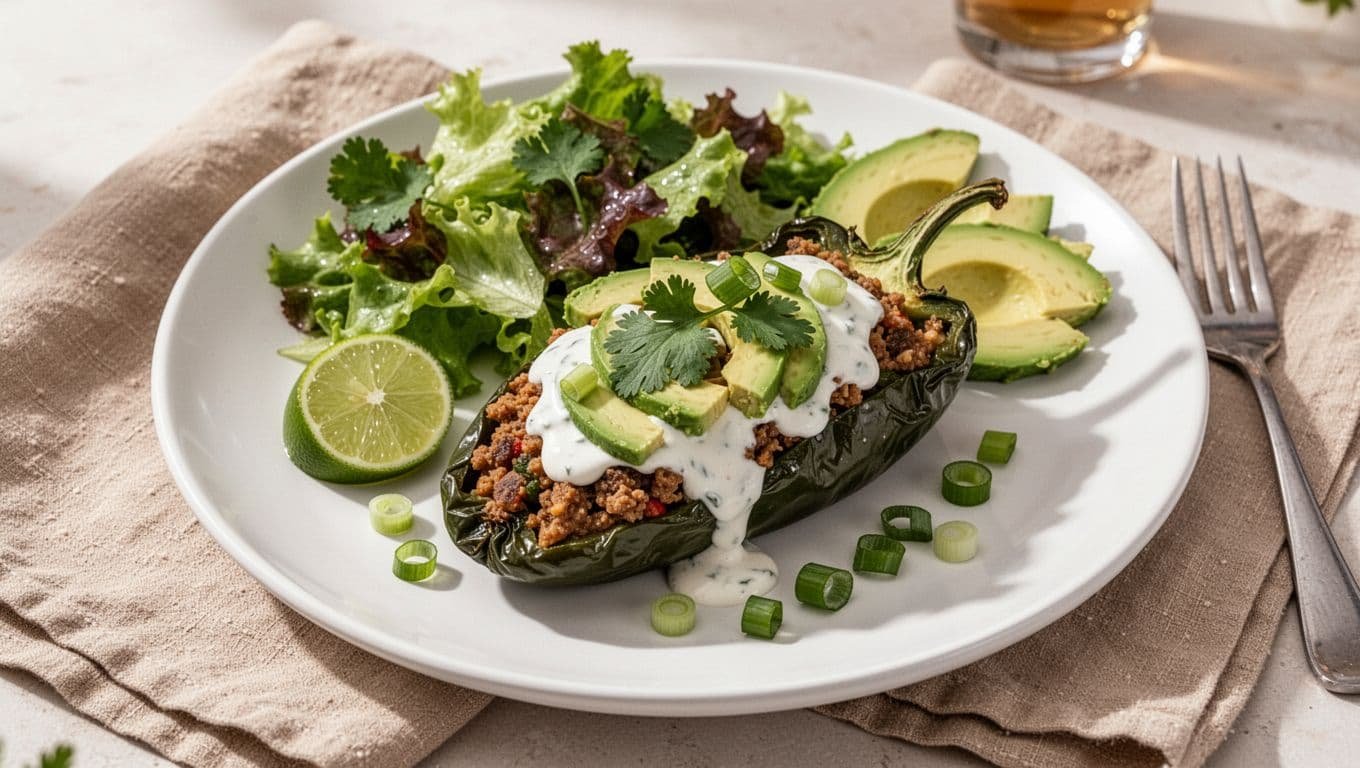 Stuffed poblano pepper with lime crema, avocado, herbs, and salad on a white plate.