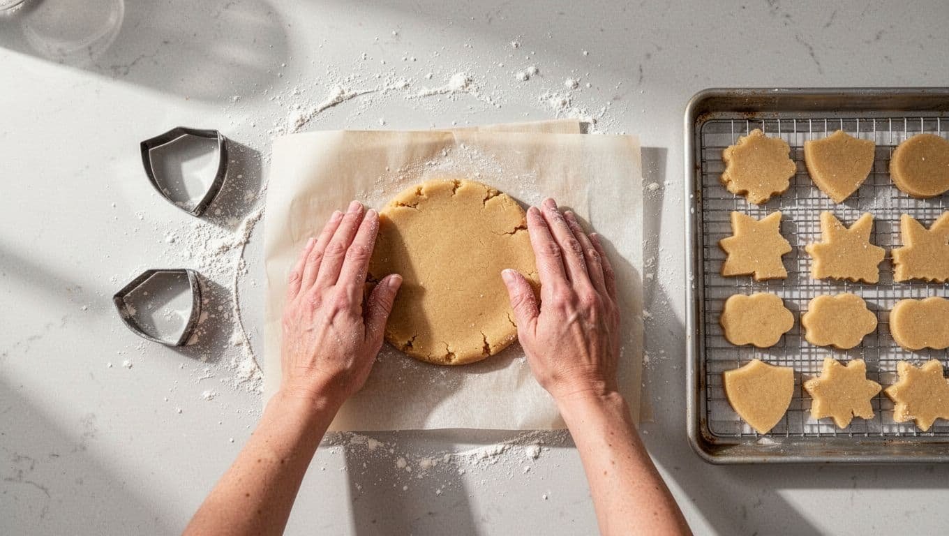Hands roll cookie dough beside a shield-shaped cutter and prepared cookies.