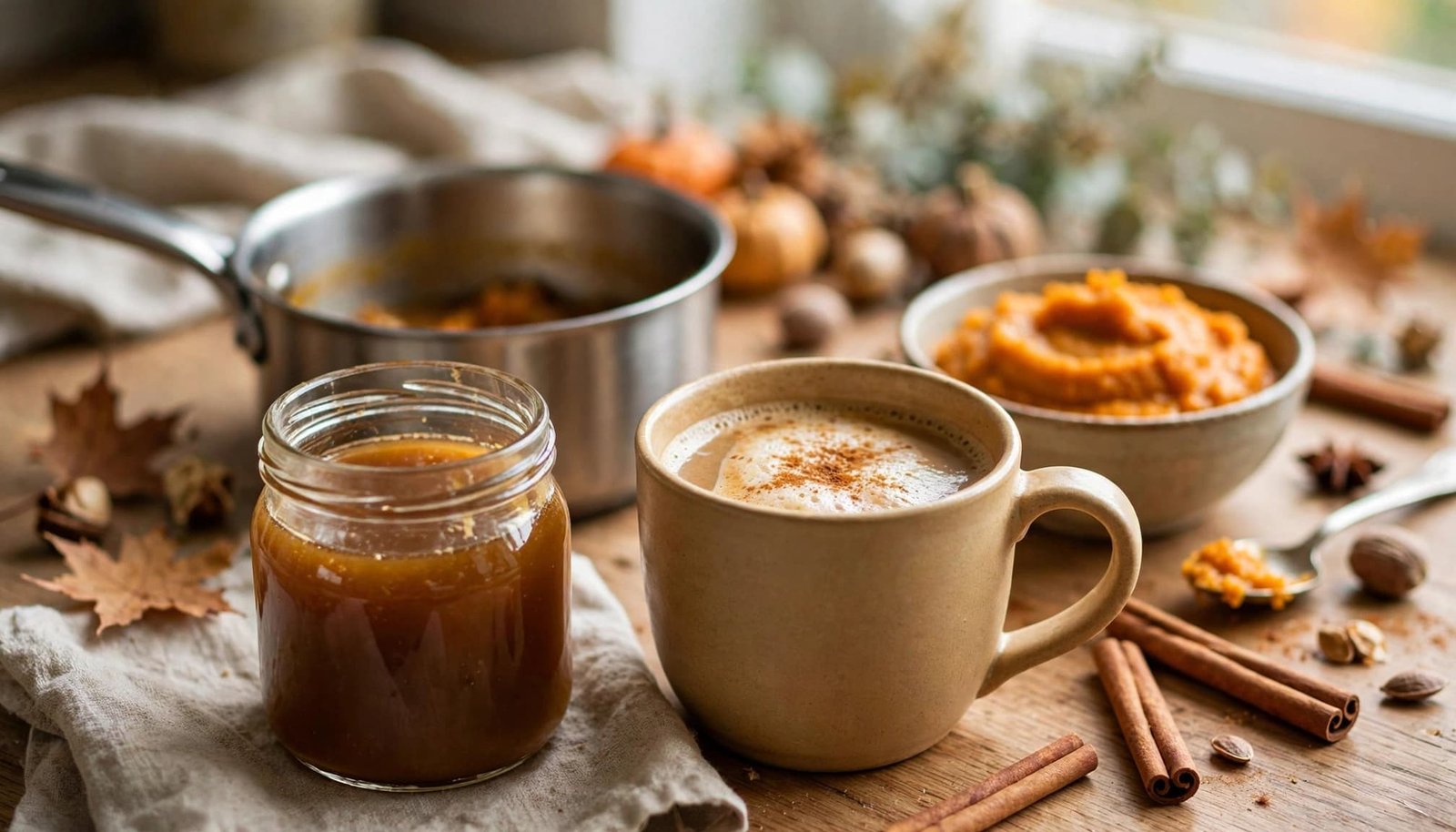 A jar of pumpkin syrup beside a mug of pumpkin spice coffee on a kitchen counter.
