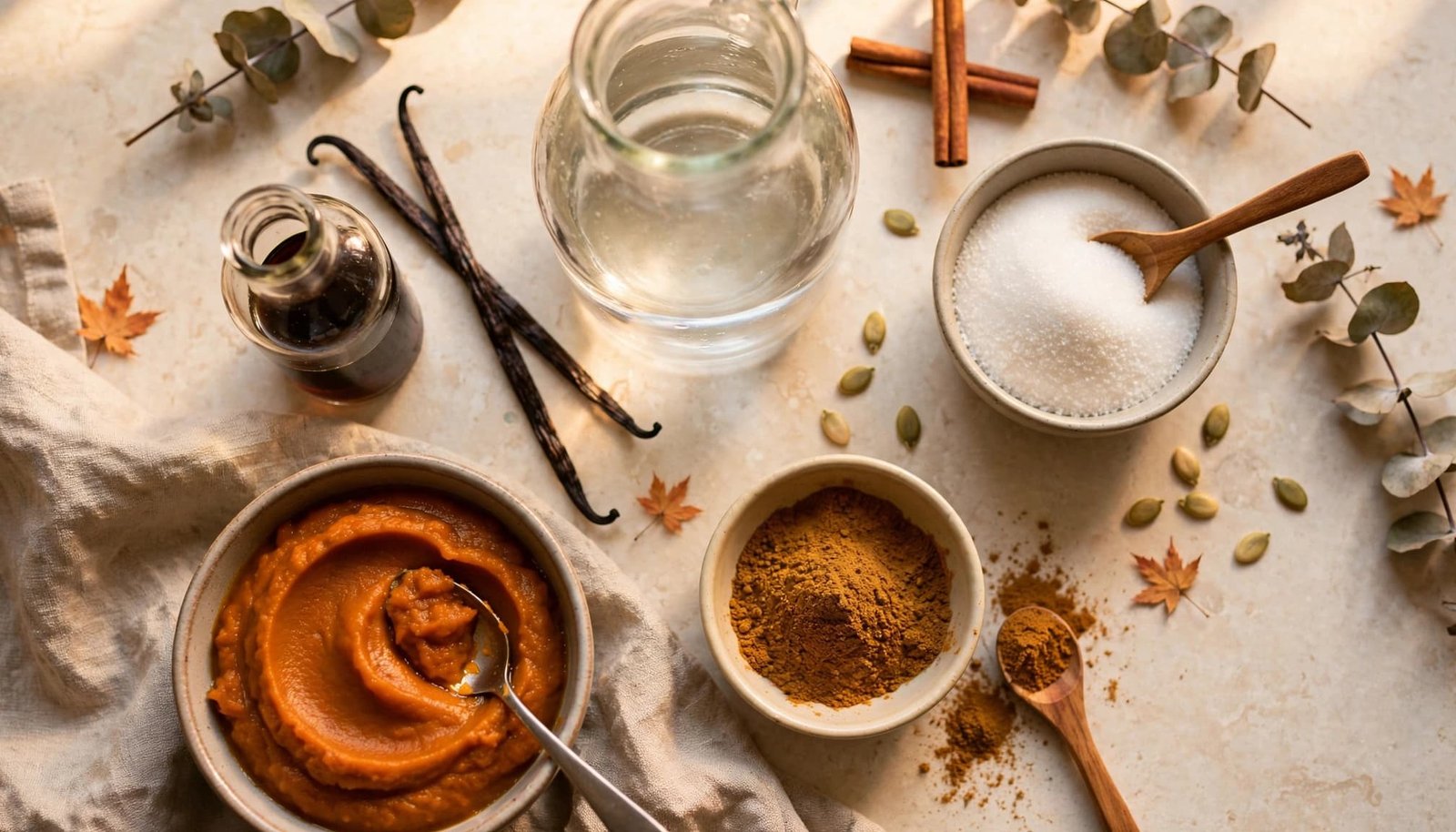 Bowls of pumpkin puree, spices, vanilla, water, and sweetener on a sunny kitchen counter.