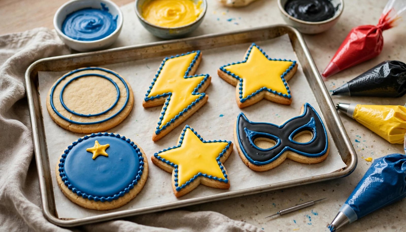 Decorated superhero-themed cookies sit beside colorful icing and piping bags.