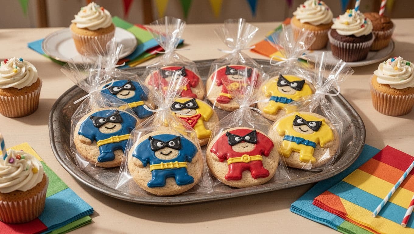 Eight colorful superhero cookies sit beside cupcakes and party napkins.