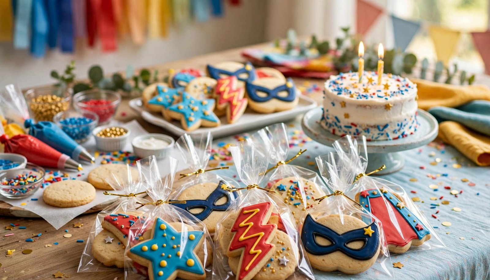 Bagged superhero-themed cookies sit beside a small birthday cake and decorating supplies.
