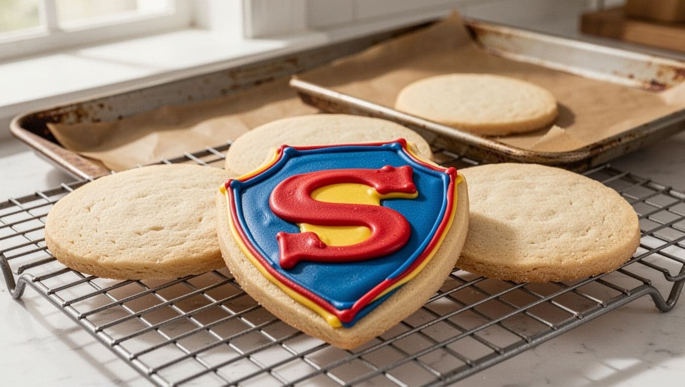 Three shield cookies cool on a rack, with one decorated and two plain.