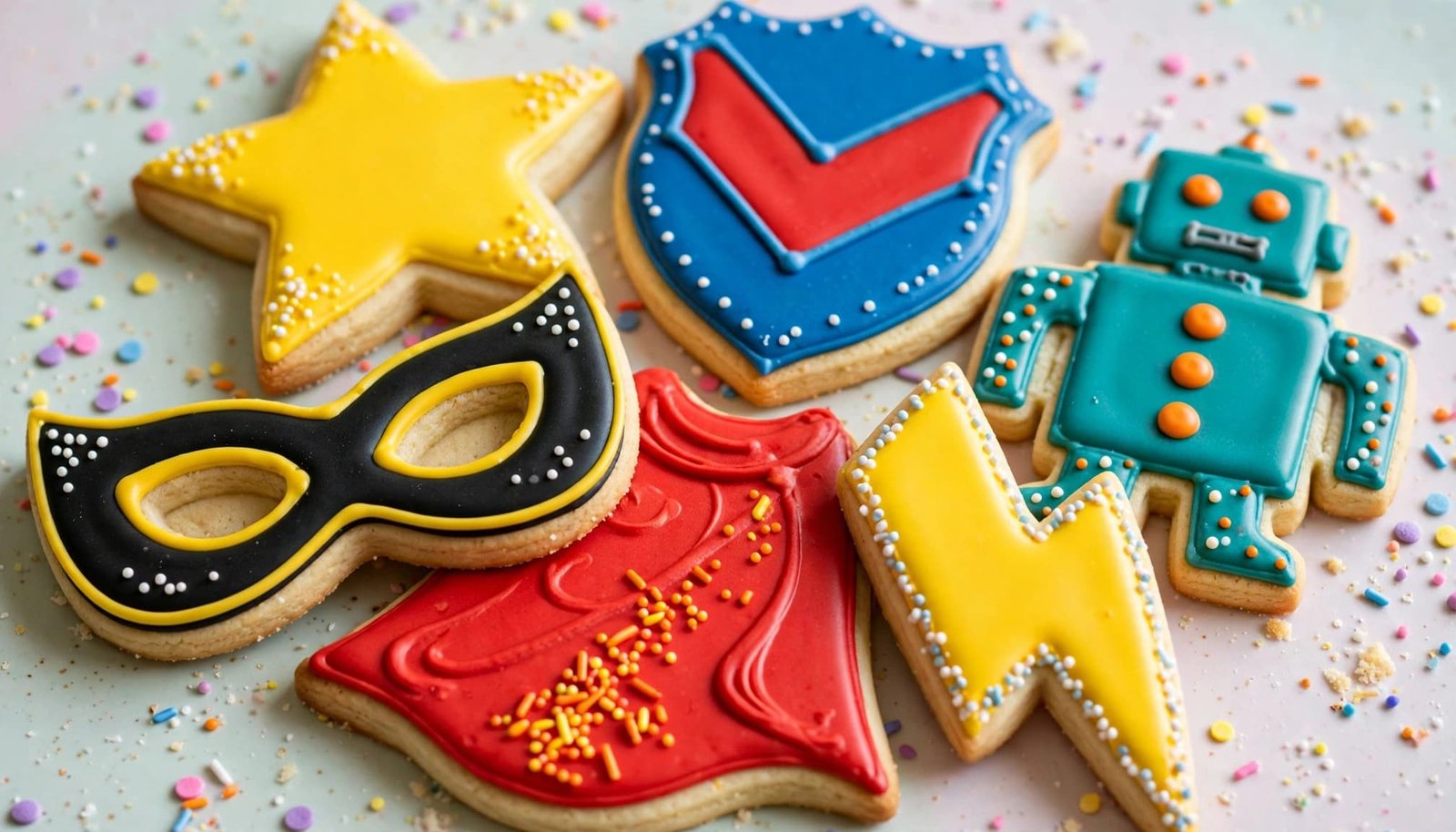 Decorated sugar cookies shaped like superhero symbols on a pastel table.