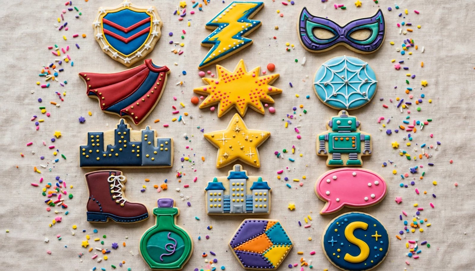 Colorful superhero-themed sugar cookies arranged in rows on a bright birthday dessert table.