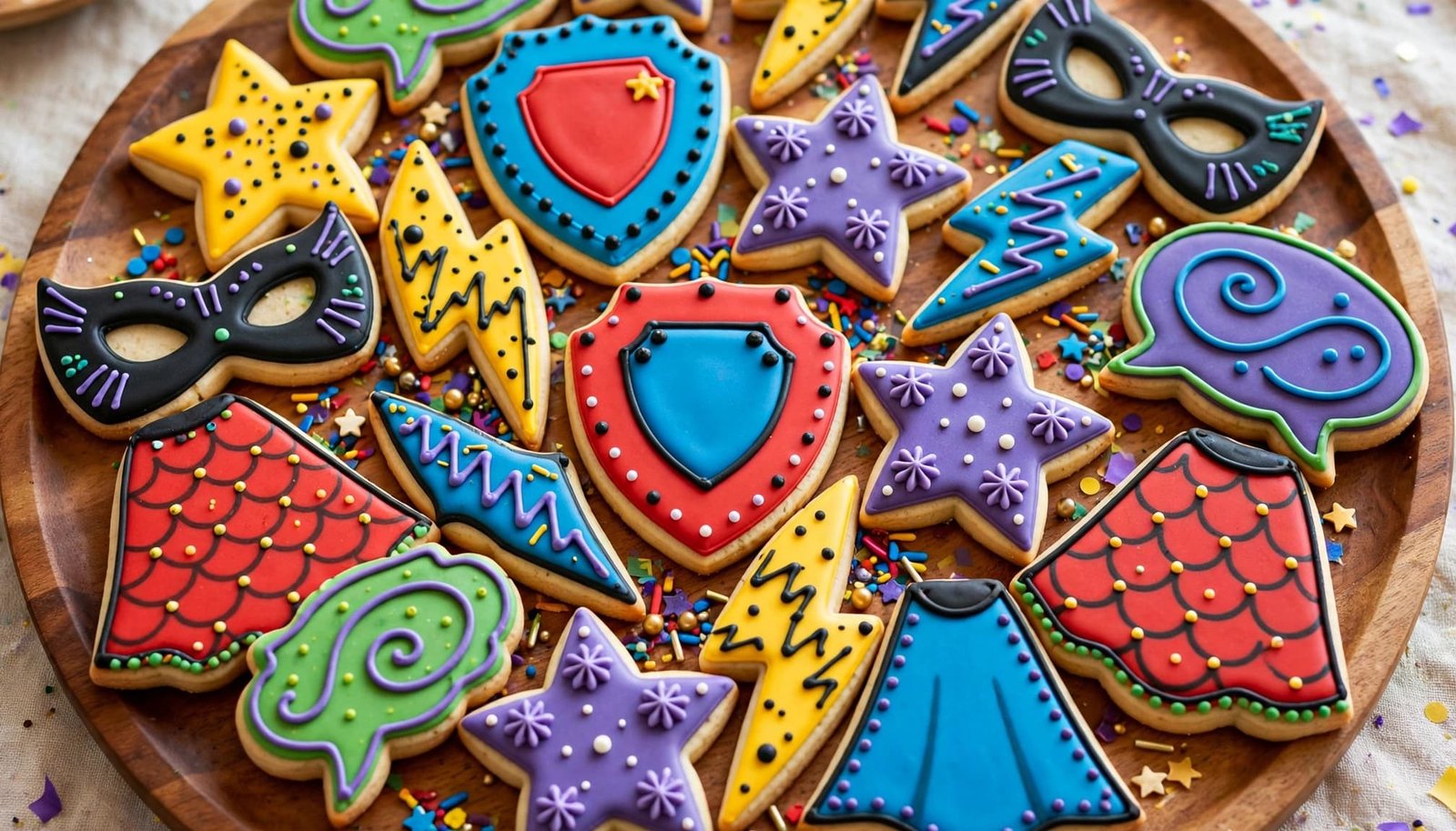 Colorful superhero-themed sugar cookies arranged on one platter at a birthday dessert table.