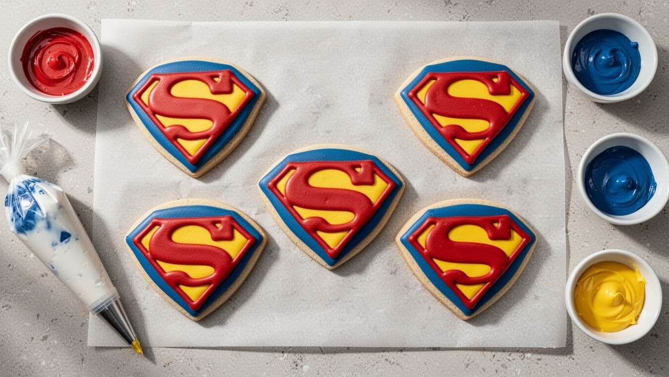 Five Superman cookies with blue, yellow, and red icing beside bowls and a piping bag.