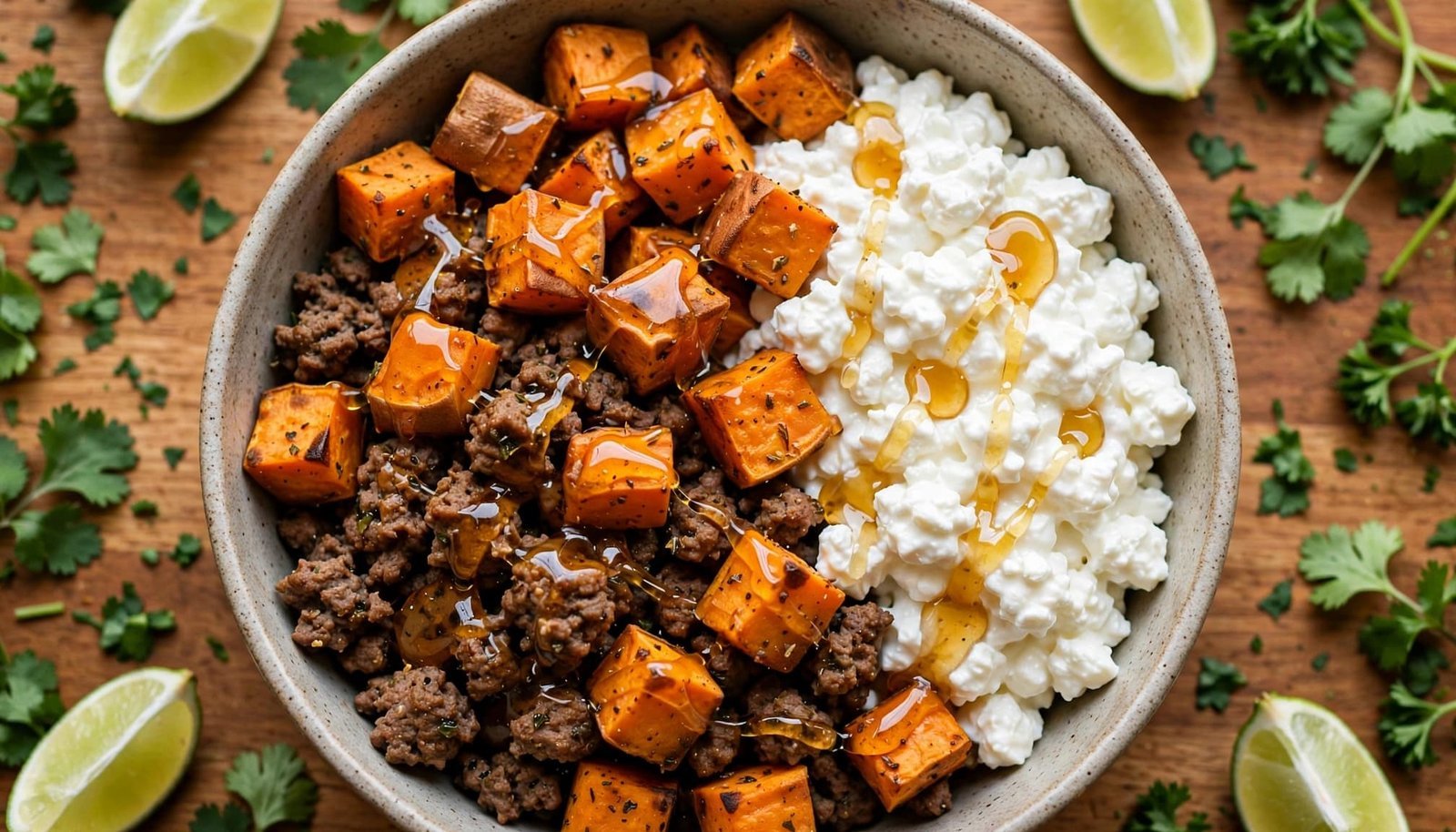 Easy Sweet Potato Hot Honey Ground Beef Bowls With Cottage Cheese