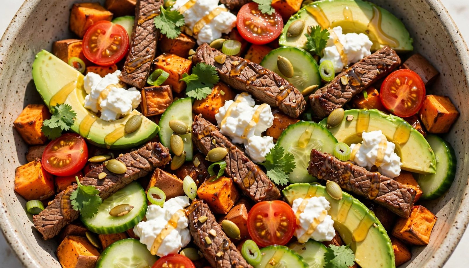 A beef and sweet potato bowl with fresh vegetables, cottage cheese, pepitas, and hot honey.