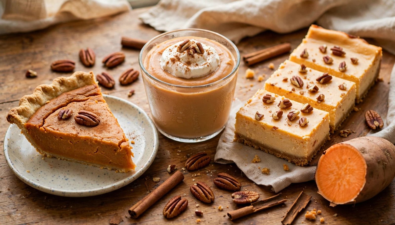 Three sweet potato desserts with cinnamon, pecans, and a halved sweet potato on a kitchen table.