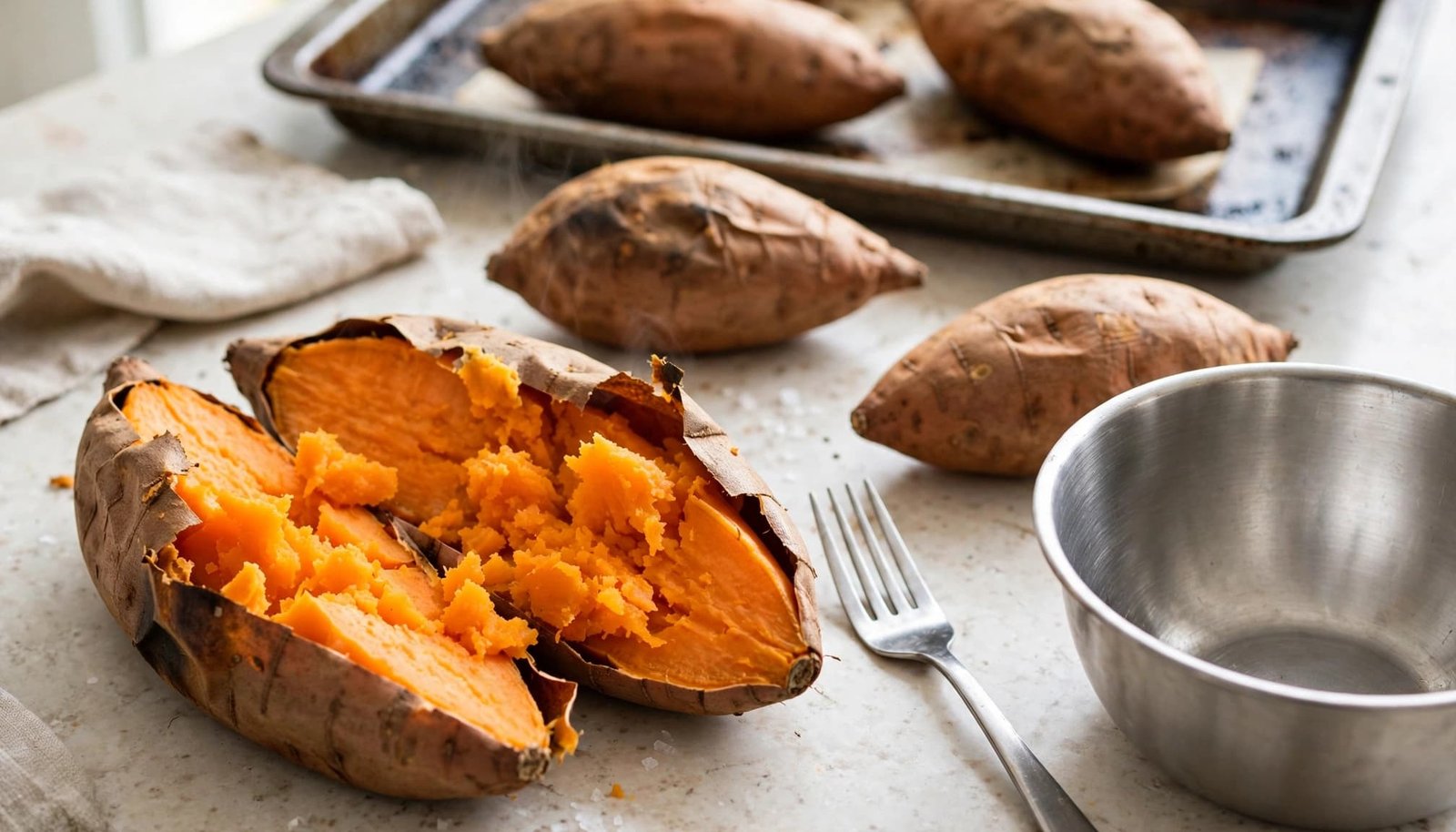 Roasted sweet potatoes with one split open beside a fork and mixing bowl.