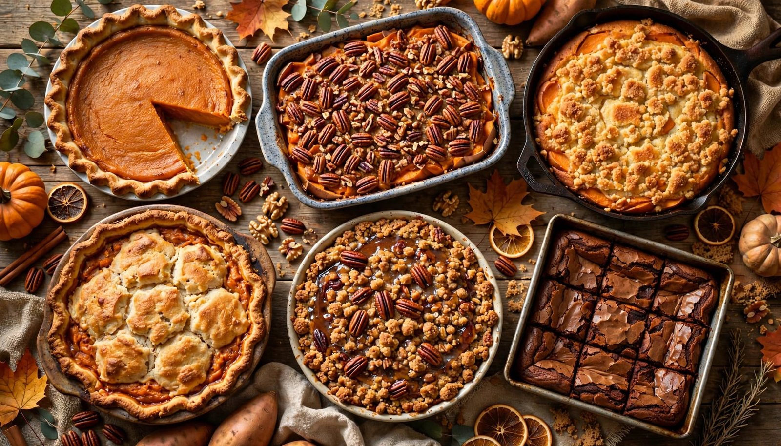 Six sweet potato desserts arranged on a rustic table in warm autumn light.
