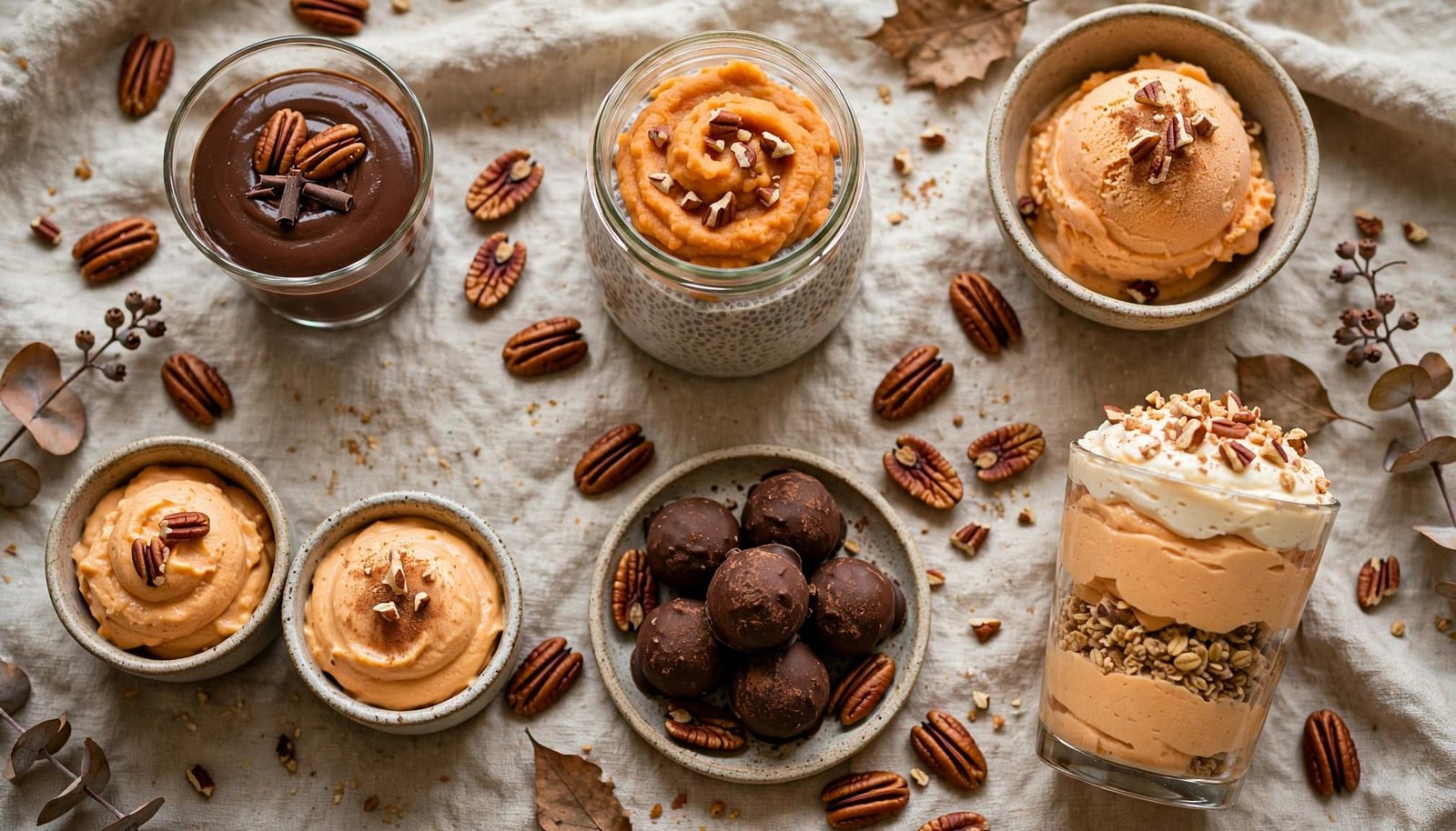 Six sweet potato desserts arranged on linen with pecans.