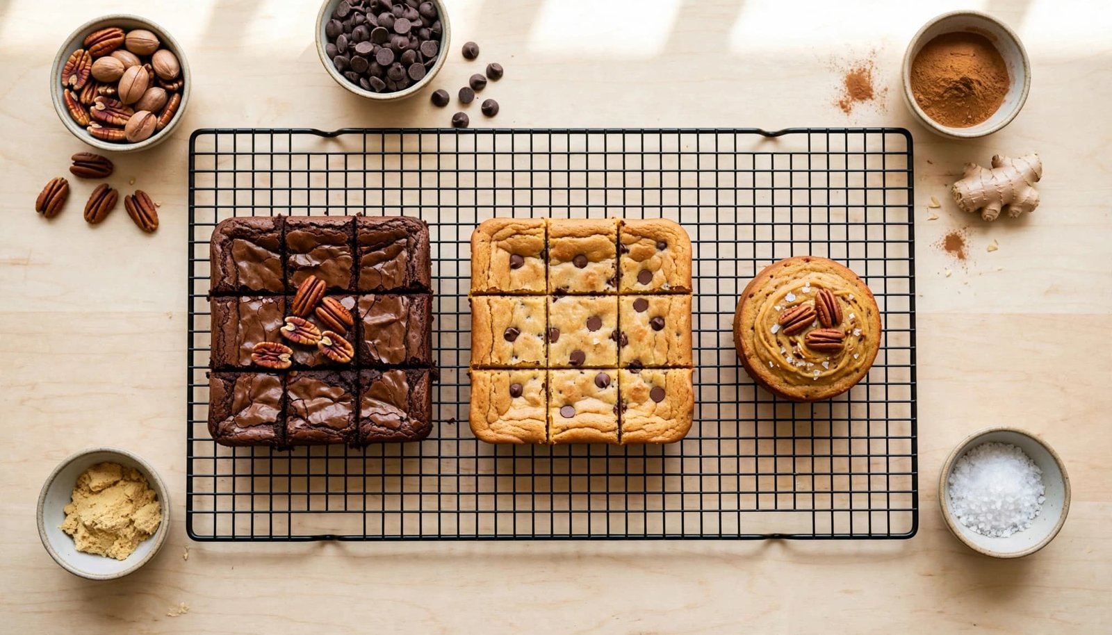 Three sweet potato desserts cool on a rack with bowls of baking ingredients nearby.