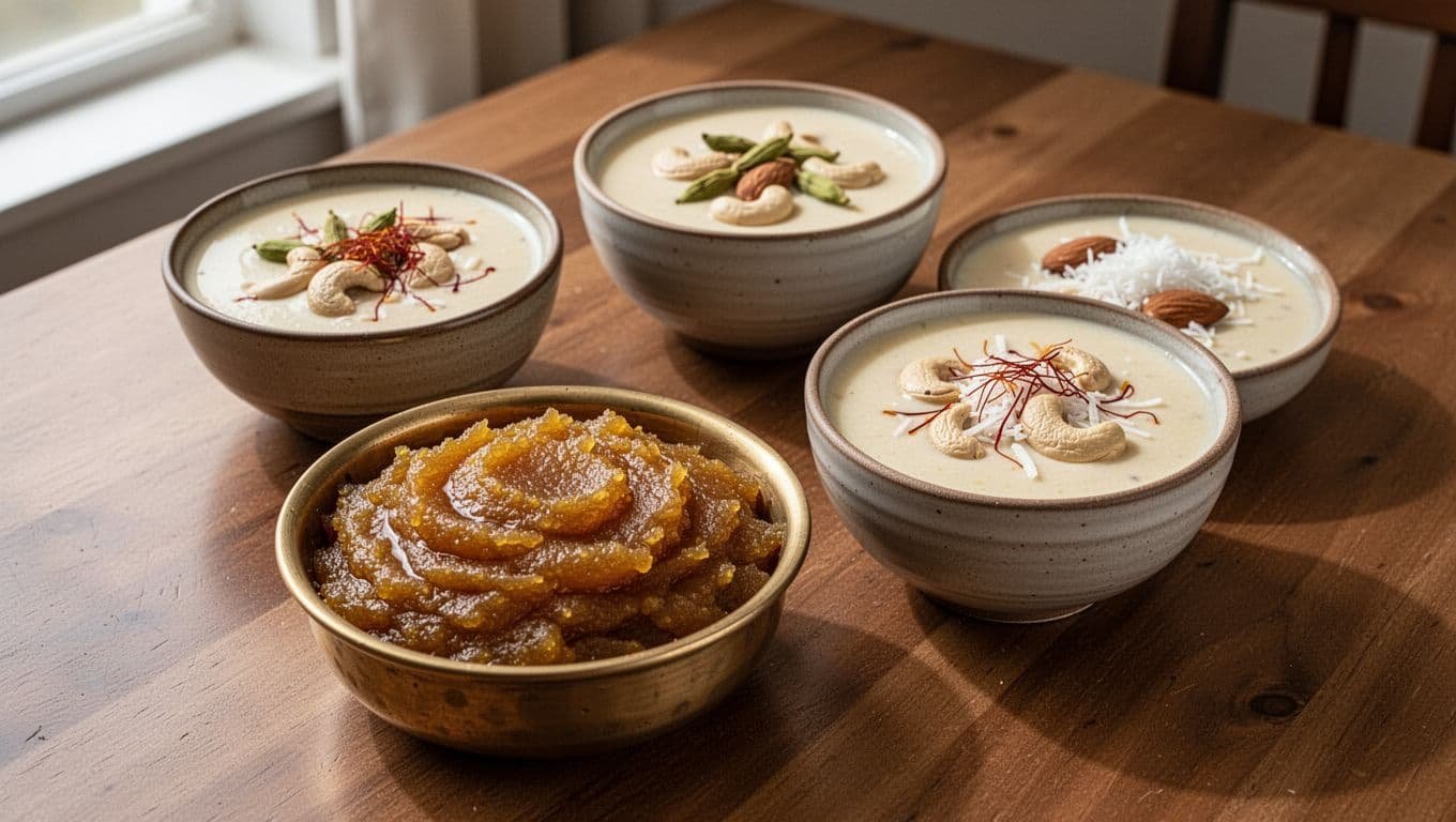 Four Indian sweet potato desserts with saffron, nuts, and coconut on a dining table.