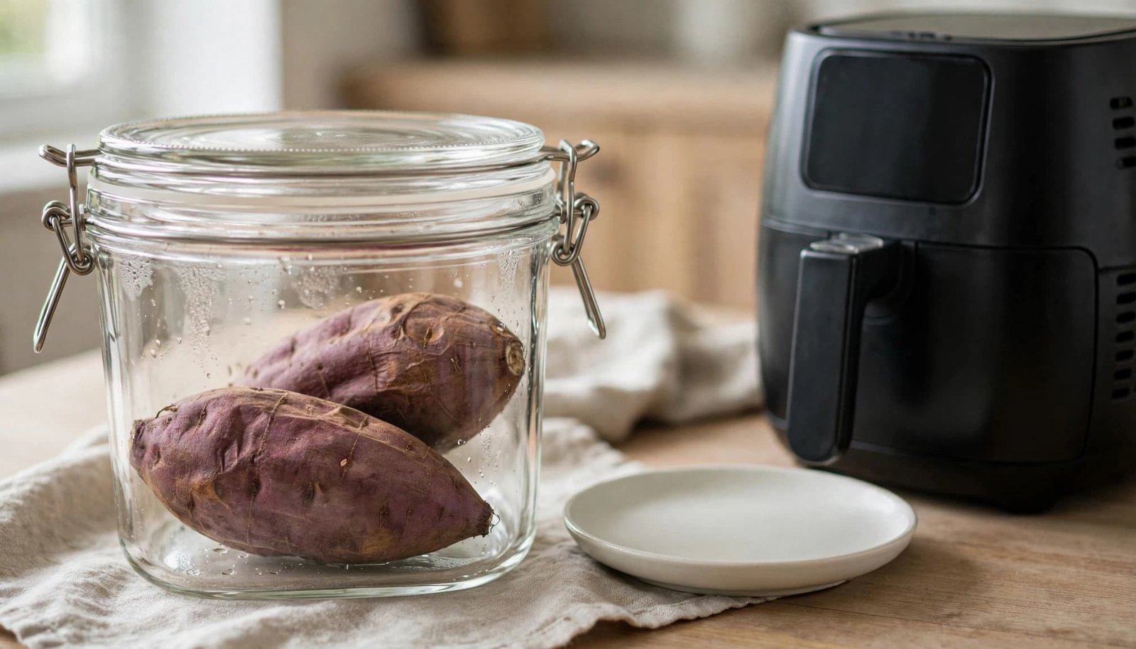 Two cooked sweet potatoes in a glass container beside an air fryer and small plate.