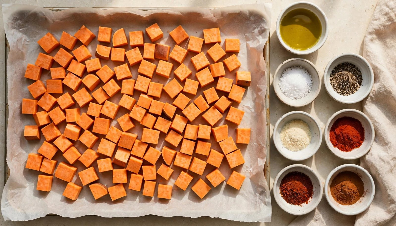 Sweet potato cubes on a lined pan beside bowls of spices and olive oil.